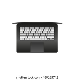 Realistic top view gray laptop isolated on white background. Opened lid.