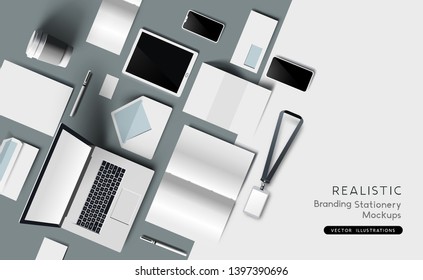Realistic Top view of identity and branding stationary and products. Mockup template vector illustration.