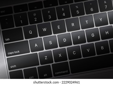 Realistic top view laptop keyboard background. close up of computer notebook keyboard with dark tone gradient. template of mobile computer backdrop. vector illustration.