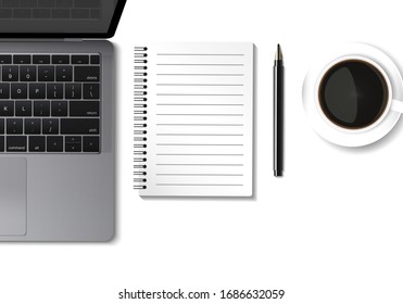 Realistic top view laptop note coffee and pen isolated on white background. computer notebook with diary on work space. modern mobile computer with book. work place vector illustration