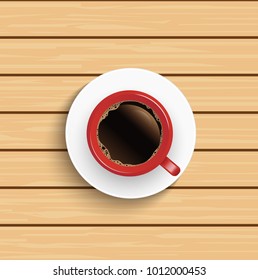 Realistic top view red coffee cup on wooden table.