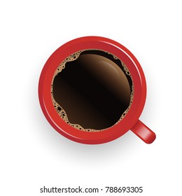 Realistic top view red coffee cup and saucer isolated on white background. illustration