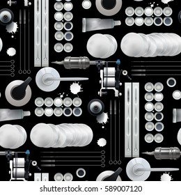 Realistic top view tattoo stuff. All objects are isolated from each other. Vector seamless pattern