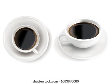 Realistic top view of white coffee cup and saucer isolated on white background. 3D Vector illustration.