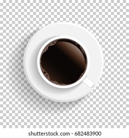 Realistic top view white coffee cup and saucer isolated on transparent background. Vector EPS10 illustration.