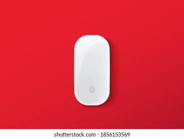Realistic top view wireless mouse isolated on red background. Flat lay white digital device for computer notebook, laptop, personal computer, mobile equipment. electronic object vector illustration