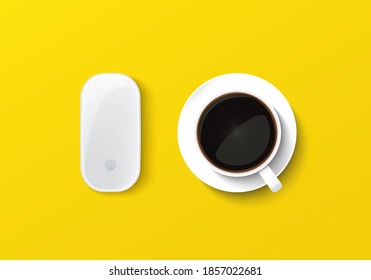 Realistic top view wireless mouse and coffee cup isolated on yellow background. Flat lay white digital device for computer notebook, laptop, personal computer, mobile equipment. object vector