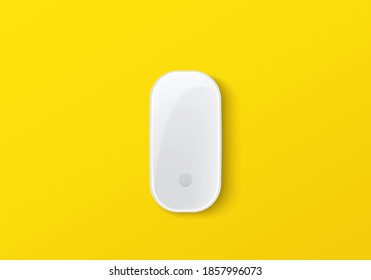 Realistic top view wireless mouse isolated on yellow background. Flat lay white digital device for computer notebook, laptop, personal computer, mobile equipment. electronic object vector illustration