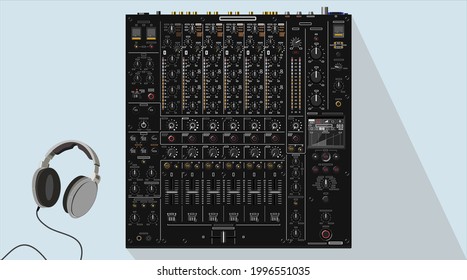 Realistic top-end modern DJ mixer in vector. Multi-channel device. Material for playbill and poster. EQ faders and buttons. Equipment type DJM V10. Themes of night clubs. To be applied to T-shirt. 