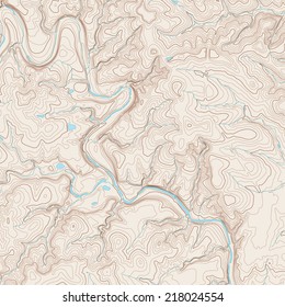 Realistic Topographic Map Of An Area West Of Austin, Texas. Vector Map Is Layered With Iso-lines, Rivers, Bodies Of Water And Background On Different Layers. 