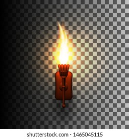 Realistic torch with fire on the wall. Vector illustration.
