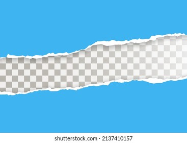 Realistic, torn, diagonal strip of blue paper with a light shadow on a transparent background. Torn cardboard.