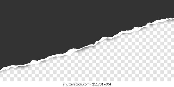Realistic, torn, diagonal strip of gray paper with a light shadow on a transparent background. Torn cardboard.