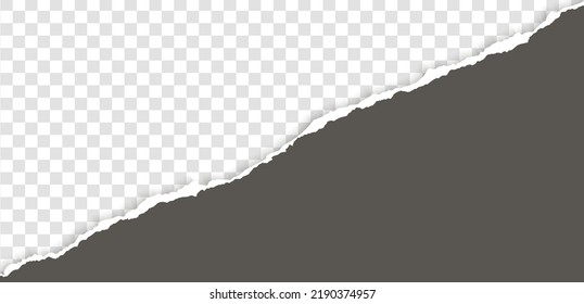 Realistic, torn, diagonal strip of gray paper with a light shadow on a transparent background. Torn cardboard.