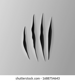 Realistic torn grey paper, four claws scratches with jagged edges in sheet, Wild animal paw scratches, vector illustration