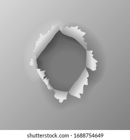 Realistic torn grey paper page, round hole with jagged edges in sheet, vector illustration