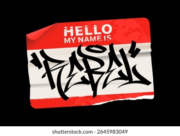 Adesivo Hello rasgado realista com graffiti tag manuscrito Rebel. Elemento punk urbano para layouts em negrito, cartazes e design de colagem. Isolado no plano de fundo preto. Gráficos EPS10 vetoriais.