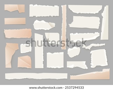 Realistic torn notes. Paper scrap collection, ripped craft papers notebook page note grunge tear edge, scrapbook rip papel borders isolated pieces set exact vector illustration original artwork