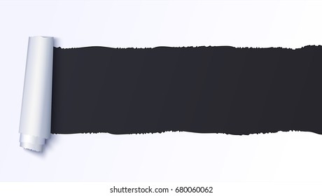 Realistic torn open paper with space for text on black background, holes in paper. Torn strip of paper with uneven, torn edges. Coiling torn strip of paper