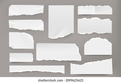 Realistic torn pages. Piece of white blank ripped notebook page and paper sheet, notepad and scrapbook pieces with grunge edges. Vector set