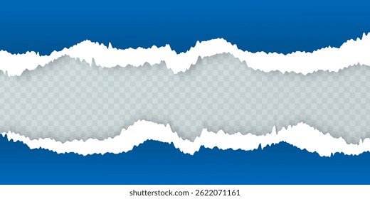Realistic torn paper background blue color with transparent grid, ripped page isolated, tear effect, vector design element for album, website, poster, banner or note style, for collage