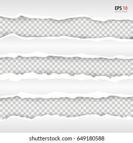 Realistic torn paper banner set with ripped edges, space for text on transparent background. Torn paper edge, vector. Torn page banners for web, print, sale promo, advertising, presentation. 