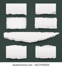 Una colección de papel rasgado realista con varios diseños de notas rasgadas con sombras naturales y texturas blancas limpias. Perfecto para scrapbooking digital, diseño de collage o superposiciones de fondo