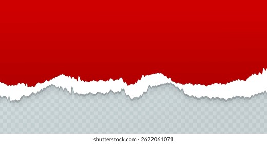 Borde de papel rasgado realista con fondo rojo y rejilla transparente, borde de página rasgado aislado, efecto de lágrima Horizontal, elemento de diseño de Vector para álbum, Sitio web, póster, Anuncio o estilo de nota