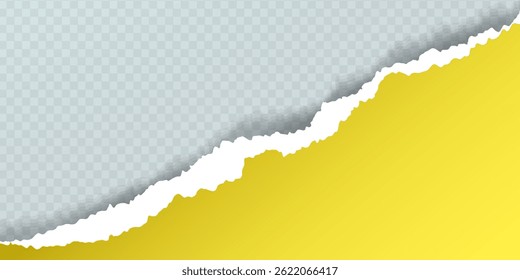 Realistic torn paper edge with yellow background and transparent grid, ragged page border isolated, tear effect, vector design element for album, website, poster, banner or note style