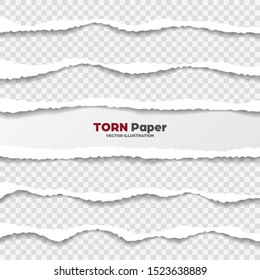 Realistic torn paper edges collection on transparent background. White ripped paper strips. Vector illustration.