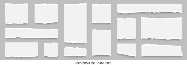 Realistic torn paper edges collection. Torn sheets of paper. Ripped squared horizontal white paper strips. Long horizontal set of torn pieces of paper. 