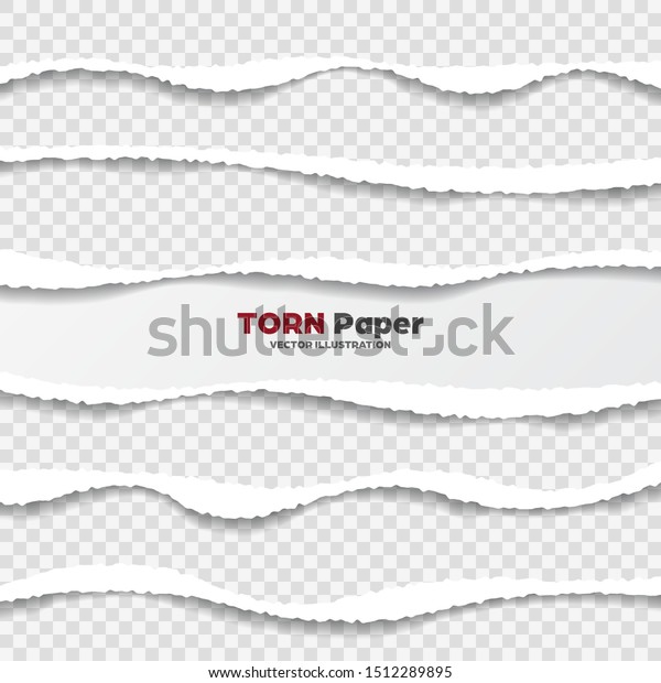 Realistic torn paper\
edges collection on transparent background. White ripped paper\
strips. Vector\
illustration.