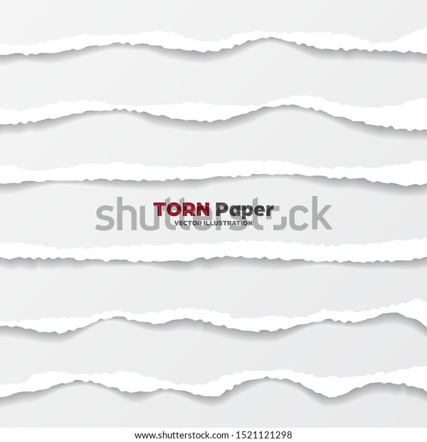 Realistic torn paper edges\
collection on gray background. White ripped paper strips. Vector\
illustration.