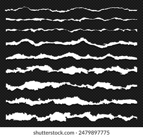 Realistic torn paper edges or ripped white page pieces on transparent background for social media design. Torn newspaper clip art with brush stroke texture. Ripped paper edge set for business banner.