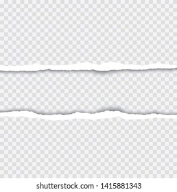 Realistic torn paper edges with shadow on transparent background - stock vector.