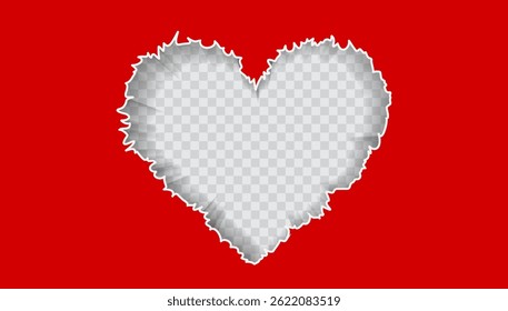 Realistic Torn Paper Heart Shape Background with Transparent Grid, Torn Paper Isolated, Tearing Effect, Vector Design Element for Holiday, Card, Poster, Display, Banner or Notebook, for Collage