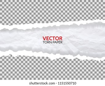 Realistic torn paper on transparent background. Ripped edges of paper. Crumpled paper with space for text. Vector illustration.