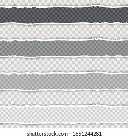 realistic torn paper. A piece of torn, white realistic horizontal paper strip with a soft shadow is on a square background.