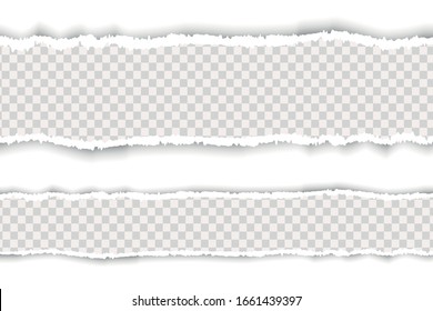 realistic torn paper. A piece of torn, white realistic horizontal paper strip with a soft shadow is on a square background.