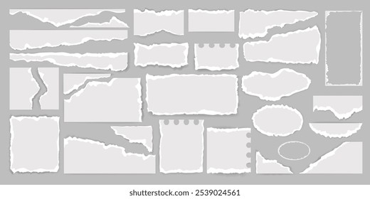 Realista Trozos de papel rasgados de diferentes Formas. Tira de papel rasgada o rasgada blanca con bordes grunge. Hojas de notas o cuaderno triturado. Página del cuaderno o nota de desecho con bordes descuidados.Ilustración vectorial
