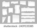 Realistic torn paper pieces with ripped up effect texture. Vector isolated empty blank sheets with tearing on sides, corners and ragged edges. Page from notebook or office school stationery