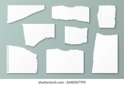 Realistische gescheurde papieren stukken - witte notitieblokjes met gescheurde randen, lijnraster en blanco restjes. Scrapbook elementen met verschillende scheurpatronen voor collage projecten, journaling of ambachtelijke ontwerpen.