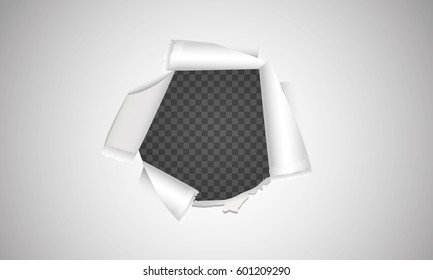 Realistic torn paper with ripped edges. Holes in white paper with torn sides over gray background with space for text
