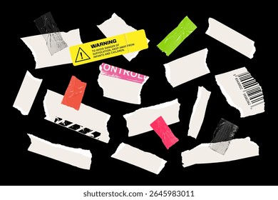 Realistas rasgões de papel e pedaços de fita coloridos em preto. Perfeito para layouts brutalistas, punk, grunge e utilitários. Ótimo para manchetes, cartazes e composições brutas. Gráficos EPS10 vetoriais.