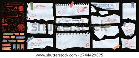 Realistic torn paper scraps with hand drawn doodles, crumpled memo notes with adhesive tape. Pen scribbles on ripped notebook sheets, paper shreds with damaged edges, collage vector elements set