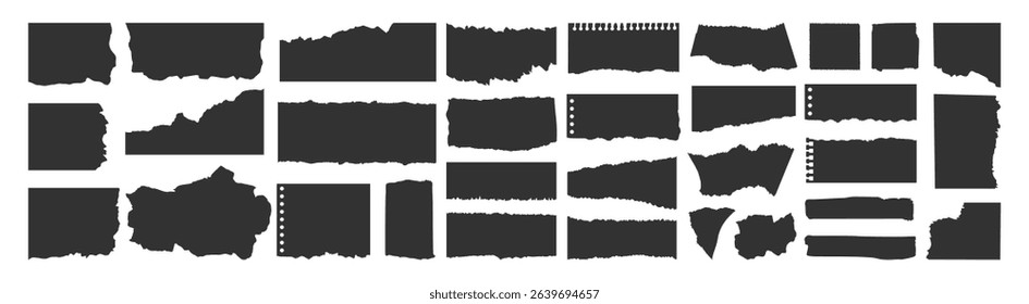 Realistic Torn Paper Scraps and Ripped Edges Collection on Transparent Background.Torn sheets of paper. Torn paper strips set