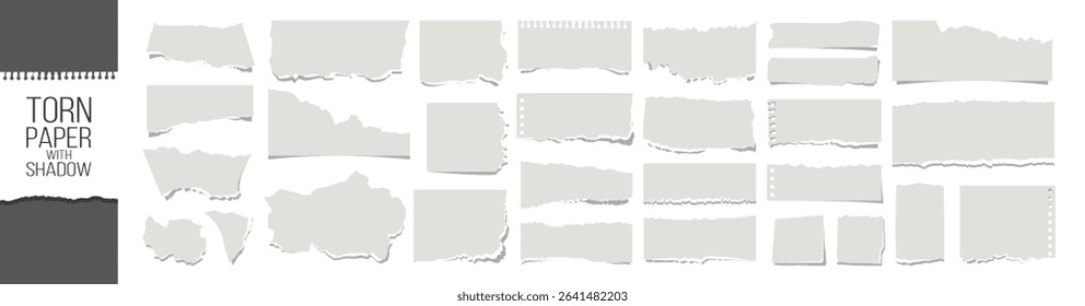 Realistic Torn Paper Scraps and Ripped Edges Collection on Transparent Background.Torn sheets of paper. Torn paper strips set