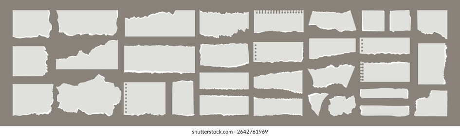 Realistic Torn Paper Scraps and Ripped Edges Collection on Transparent Background.Torn sheets of paper. Torn paper strips set