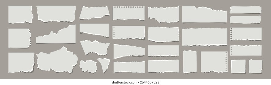 Realistic Torn Paper Scraps and Ripped Edges Collection on Transparent Background.Torn sheets of paper. Torn paper strips set