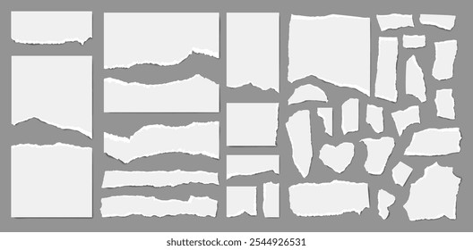 Realistic torn paper sheets, white ripped pieces of notebook page. Blank banner with damaged edge, torn empty letter, ragged long paper strips and sticky note scraps vector set